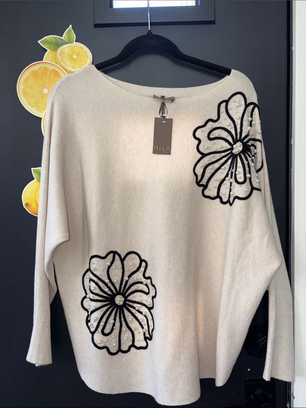Mila Milano Cream Floral Pearl Appliqué Sweater